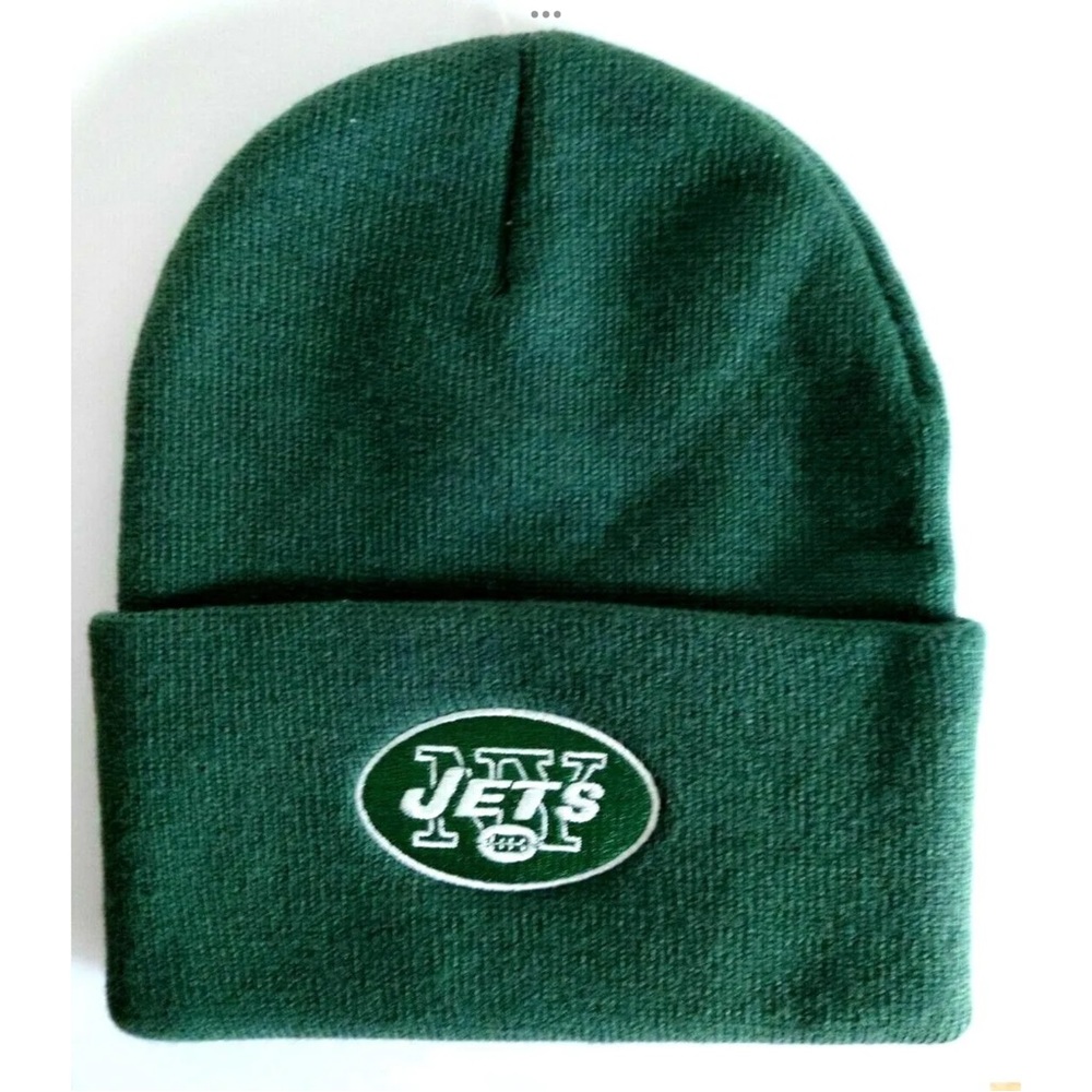 New York Jets Hat Green Knit Roll Cuff Embroidered Logo Cap